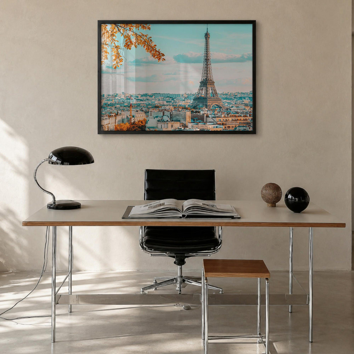 Paris colorful photo poster of France – horizontal wall art in black wood frame, hanging on wall