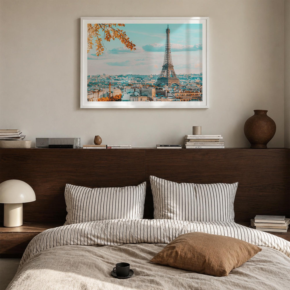 Paris colorful photo poster of France – horizontal wall art in white wood frame with white border, hanging on wall