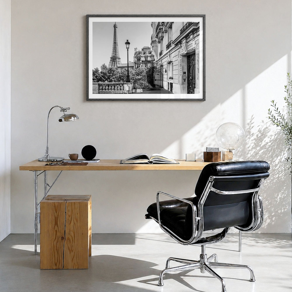 Paris Photo No 2 Poster in a black wood frame, hanging in a bright home office, white border