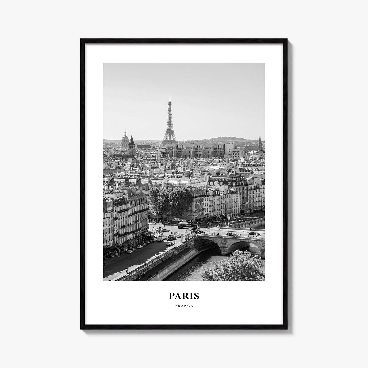 Paris no. 1 black & white classic poster of France – vertical wall art, unframed print shown in interior mockup