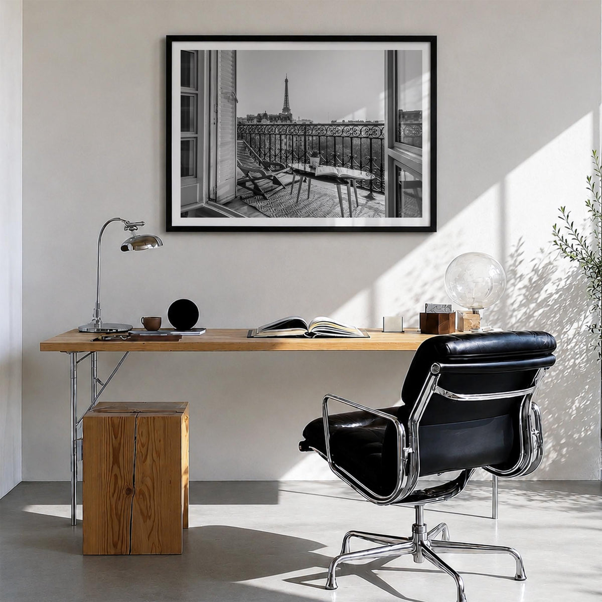 Paris no. 1 black & white photo poster of France – horizontal wall art in black wood frame with white border, hanging on wall