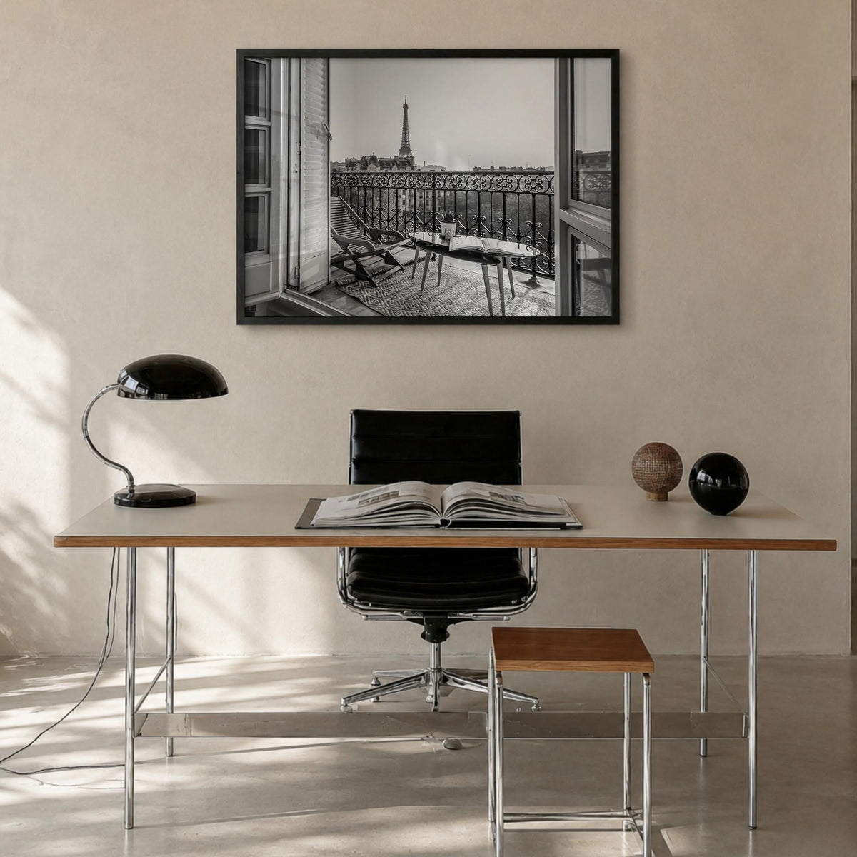 Paris no. 1 black & white photo poster of France – horizontal wall art in black wood frame, hanging on wall