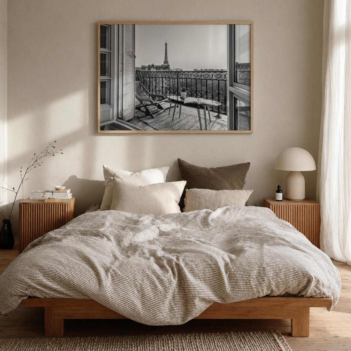 Paris no. 1 black & white photo poster of France – horizontal wall art in natural wood frame, hanging on wall