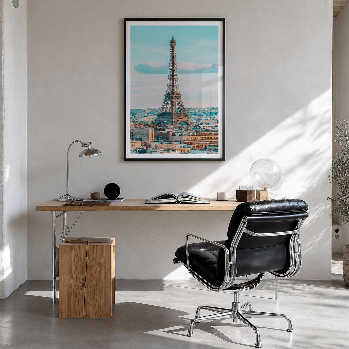 Paris no. 1 colorful photo poster of France – vertical wall art in black wood frame with white border, hanging on wall