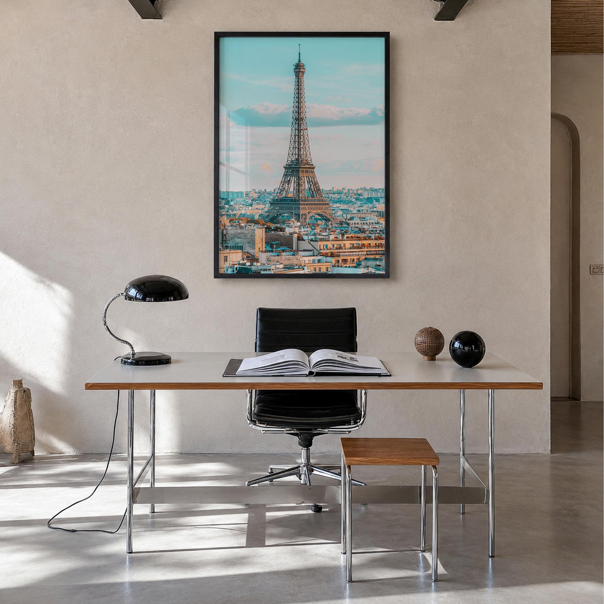 Paris no. 1 colorful photo poster of France – vertical wall art in black wood frame, hanging on wall