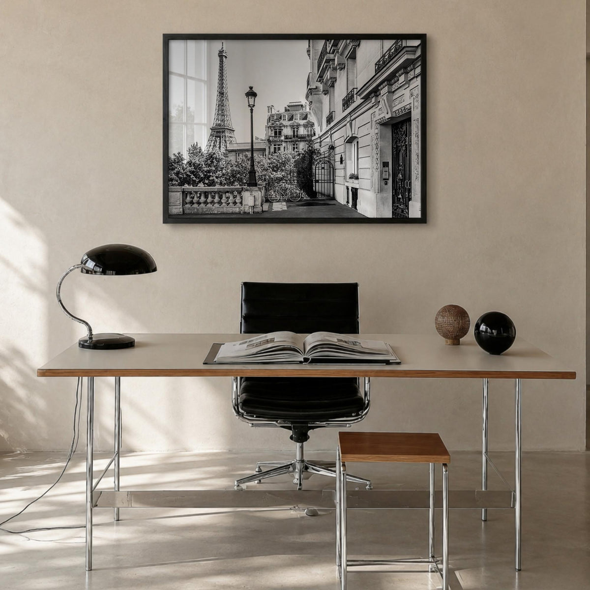 Paris no. 2 black & white photo poster of France – horizontal wall art in black wood frame, hanging on wall