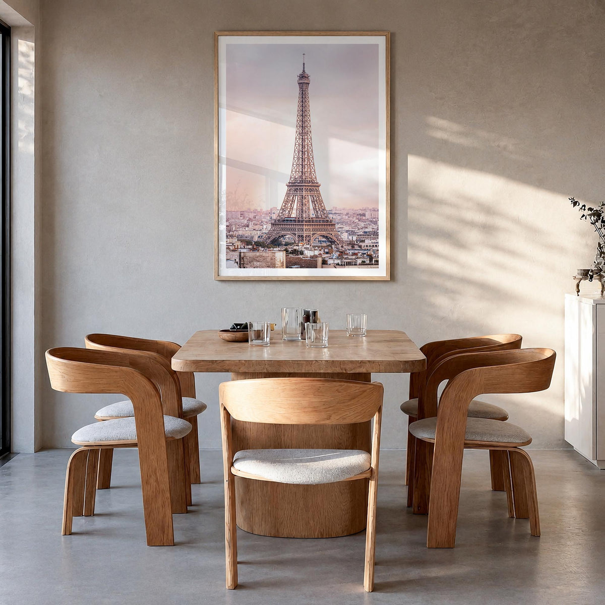 Paris no. 3 colorful photo poster of France – vertical wall art in natural wood frame with white border, hanging on wall