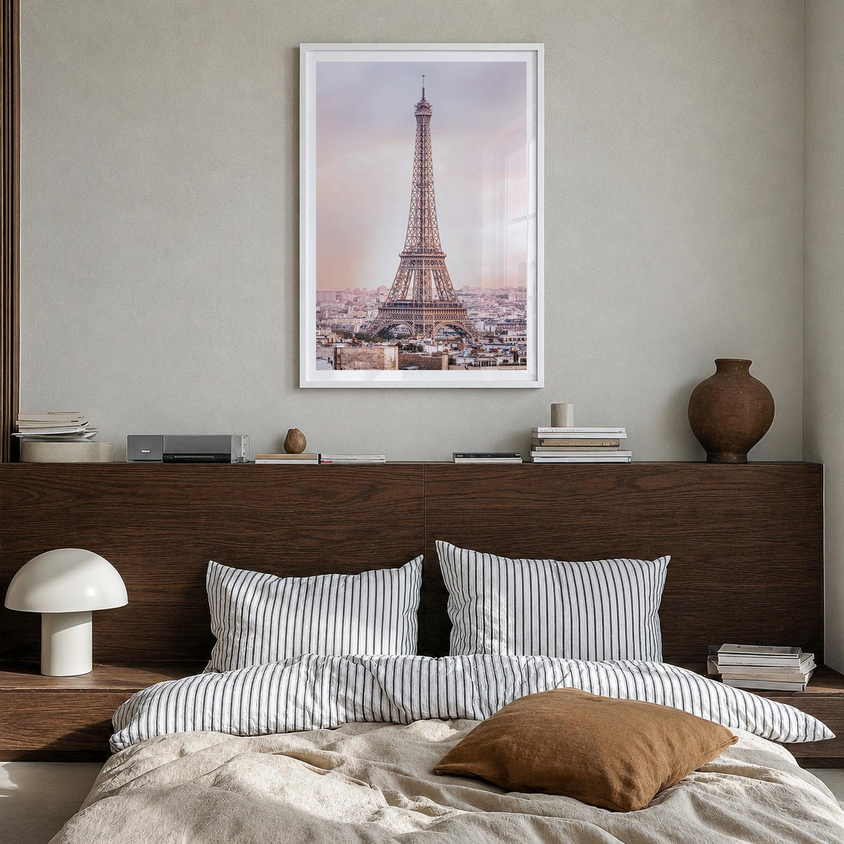 Paris no. 3 colorful photo poster of France – vertical wall art in white wood frame with white border, hanging on wall