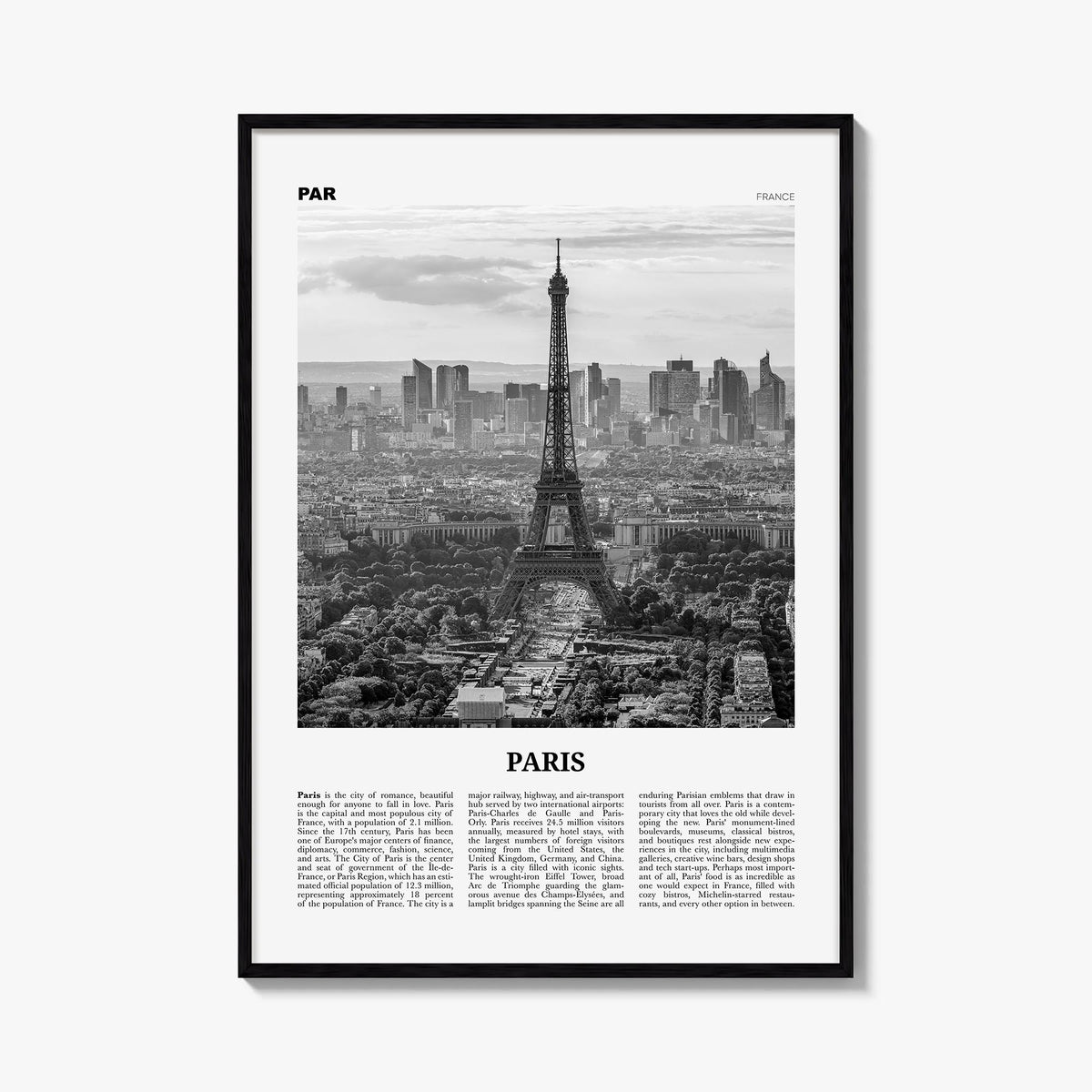 Paris no. 4 black & white newspaper poster of France – vertical wall art, unframed print shown in interior mockup