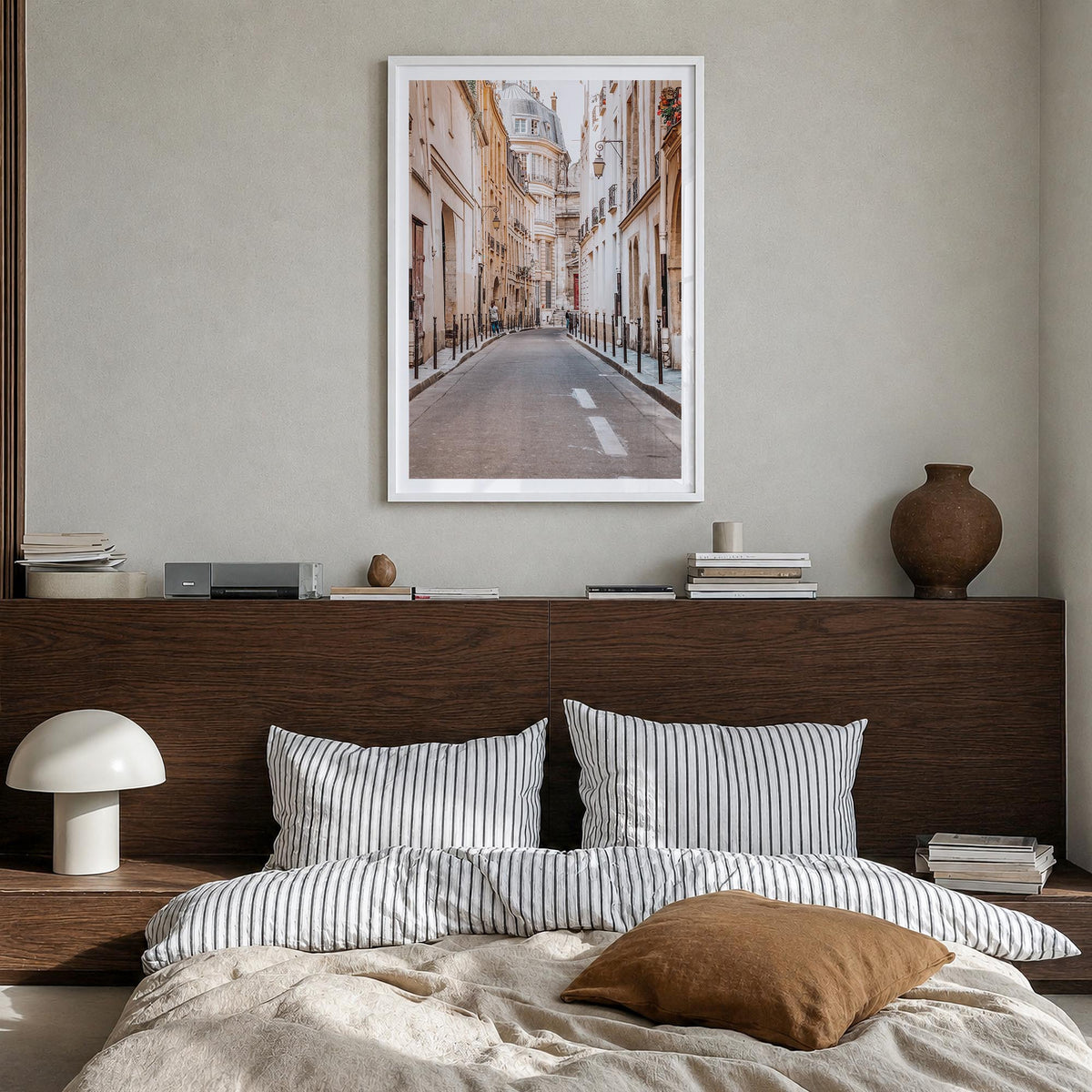 Paris no. 4 colorful photo poster of France – vertical wall art in white wood frame with white border, hanging on wall