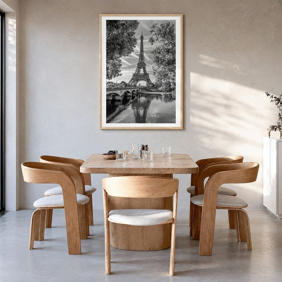 Paris Photo No 2 Poster in a natural wood frame, hanging in a dining room, white border