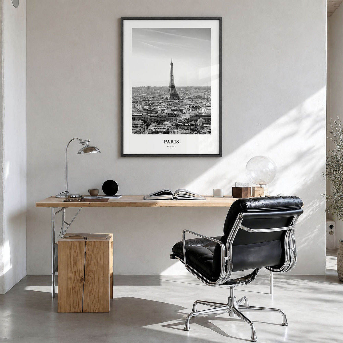 Paris Classic No 2 Poster in a black wood frame, hanging in a bright home office