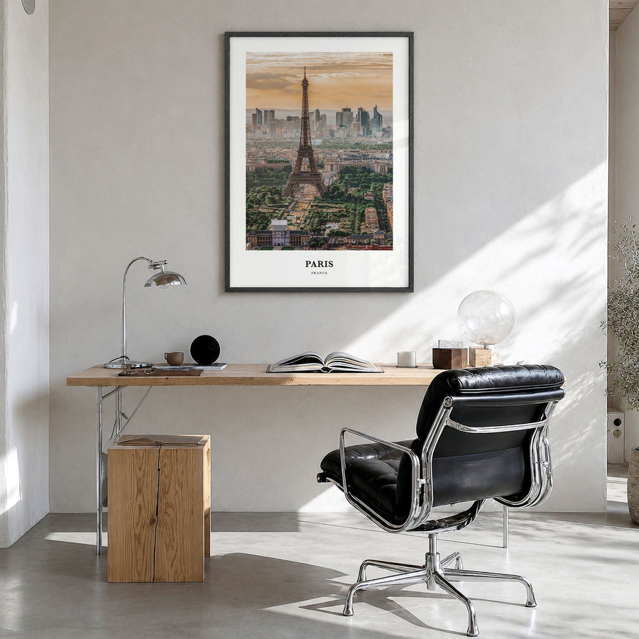 Paris Classic Poster in a black wood frame, hanging in a bright home office