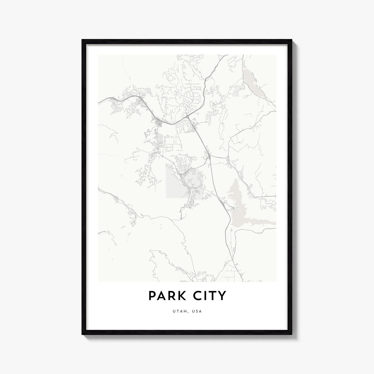Park City black & white map poster of Utah, USA – vertical wall art, unframed print shown in interior mockup