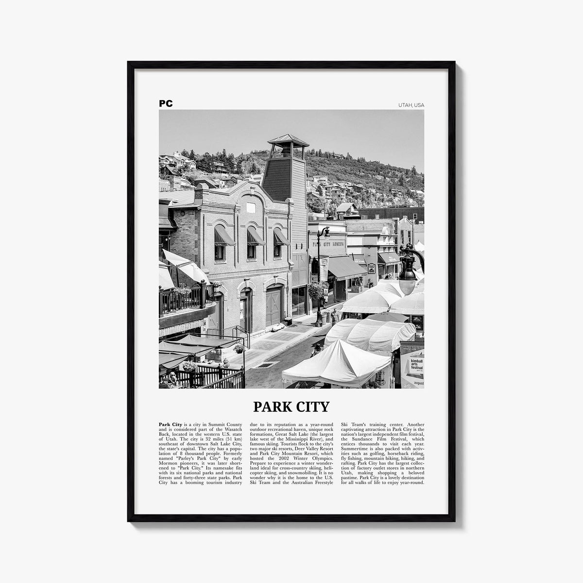 Park City black & white newspaper poster of Utah, USA – vertical wall art, unframed print shown in interior mockup