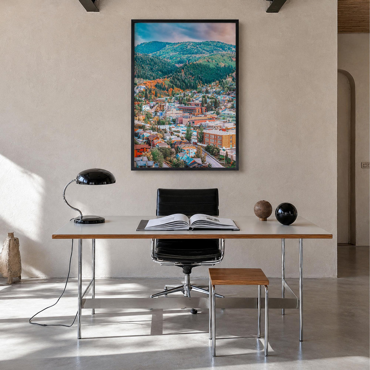 Park City no. 2 colorful photo poster of Utah, USA – vertical wall art in black wood frame, hanging on wall