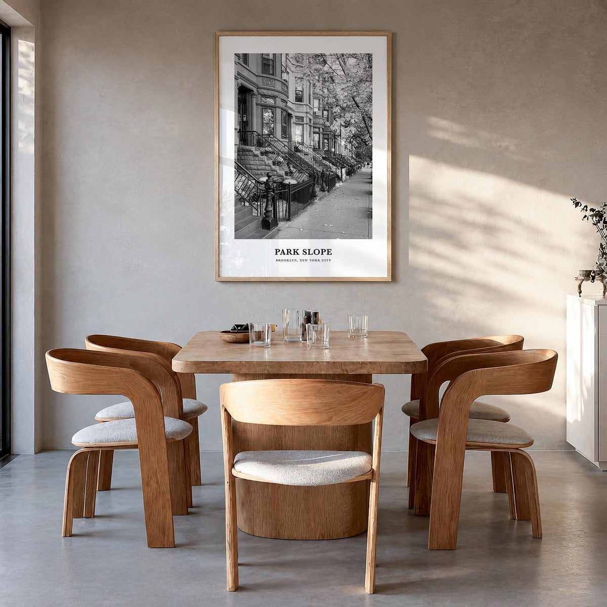 Park Slope black & white classic poster of Brooklyn, New York City – vertical wall art in natural wood frame, hanging on wall