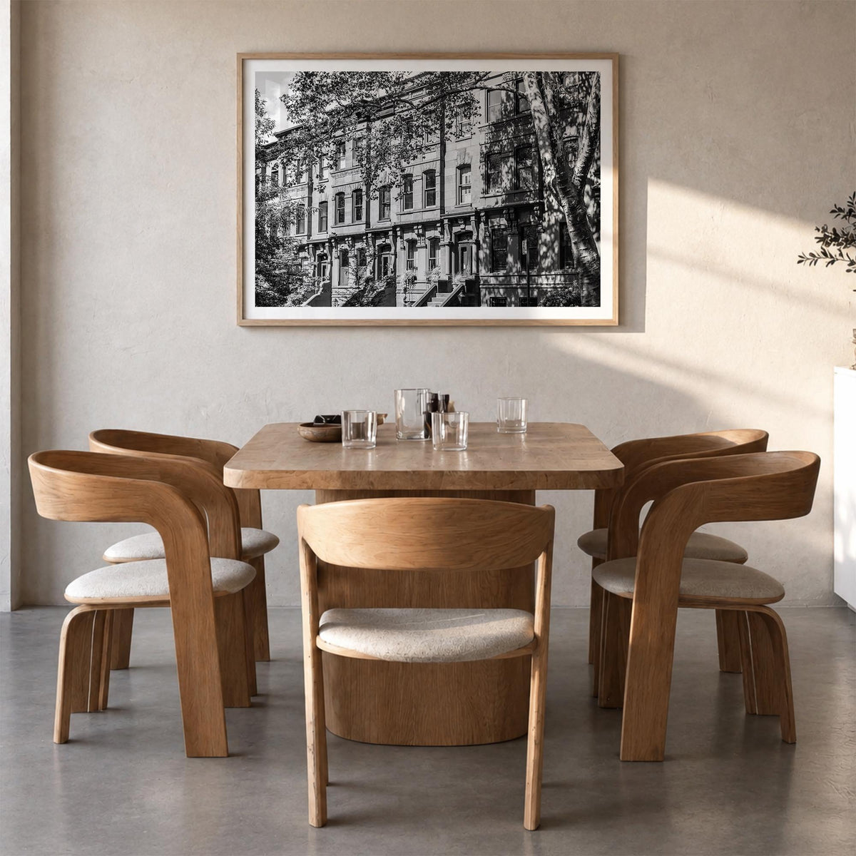 Park Slope black & white photo poster of Brooklyn, New York City – horizontal wall art in natural wood frame with white borde