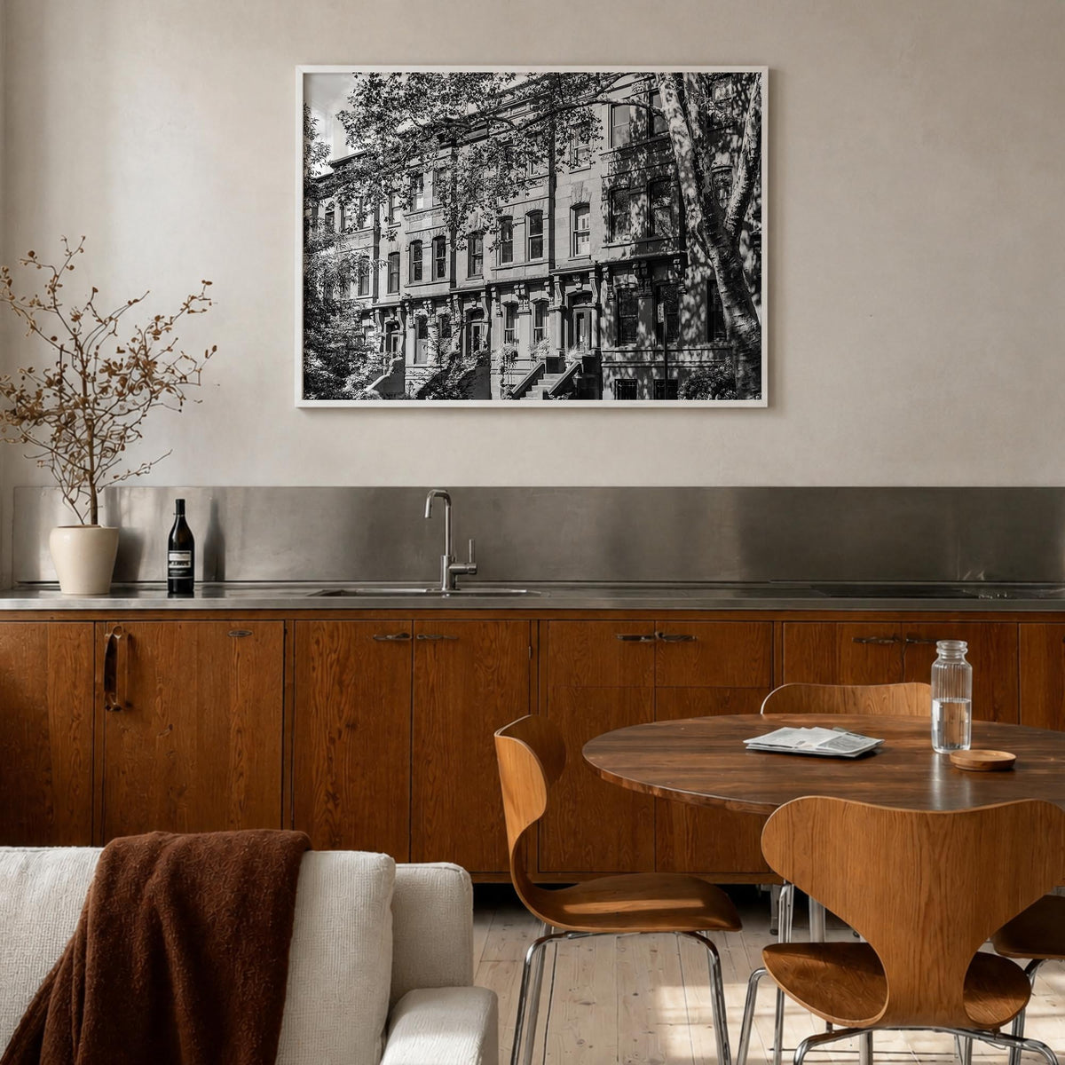 Park Slope black & white photo poster of Brooklyn, New York City – horizontal wall art in white wood frame, hanging on wall