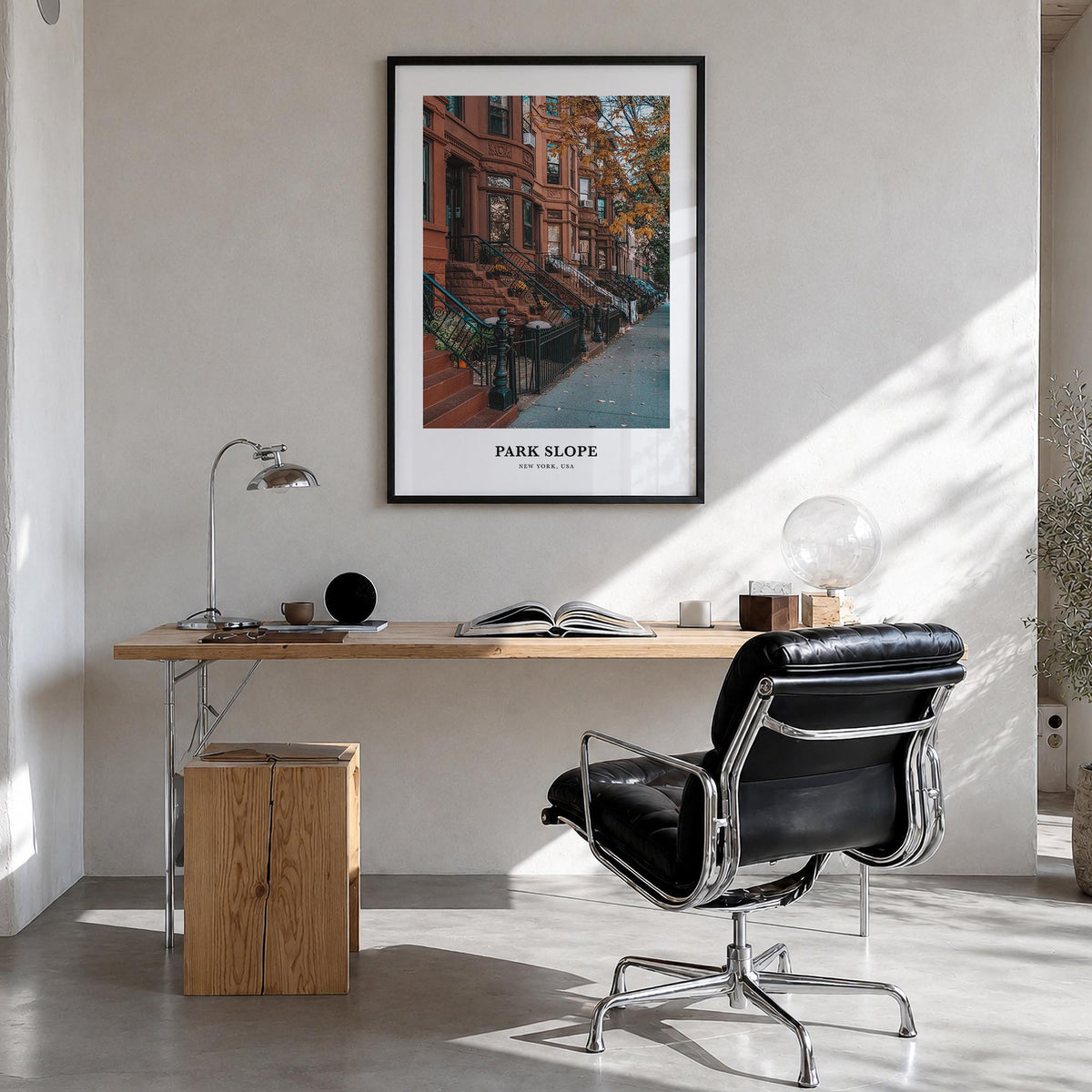 Park Slope colorful classic poster of Brooklyn, New York City – vertical wall art in black wood frame, hanging on wall