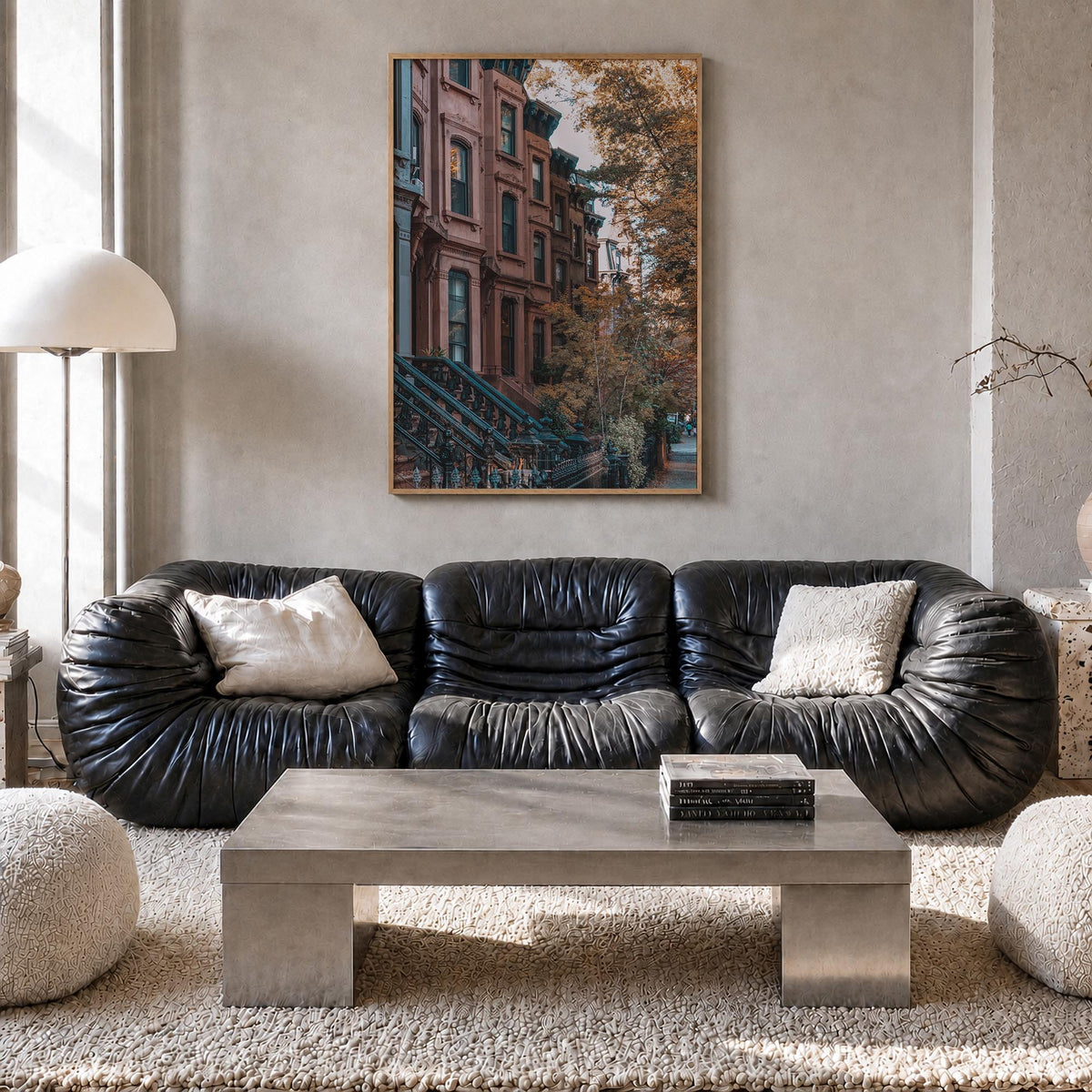 Park Slope colorful photo poster of Brooklyn, New York City – vertical wall art in natural wood frame, hanging on wall