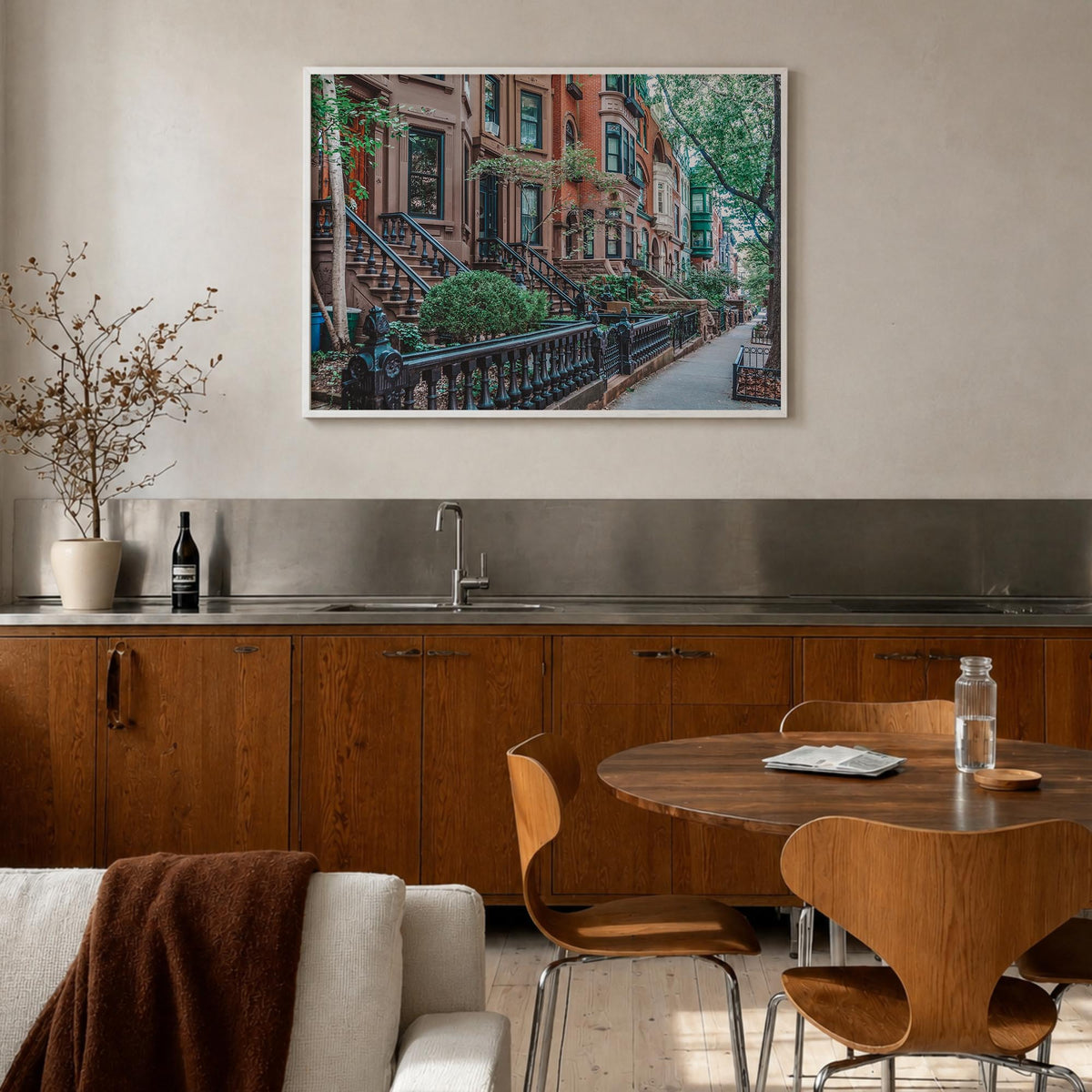 Park Slope colorful photo poster of Brooklyn, New York City – horizontal wall art in white wood frame, hanging on wall