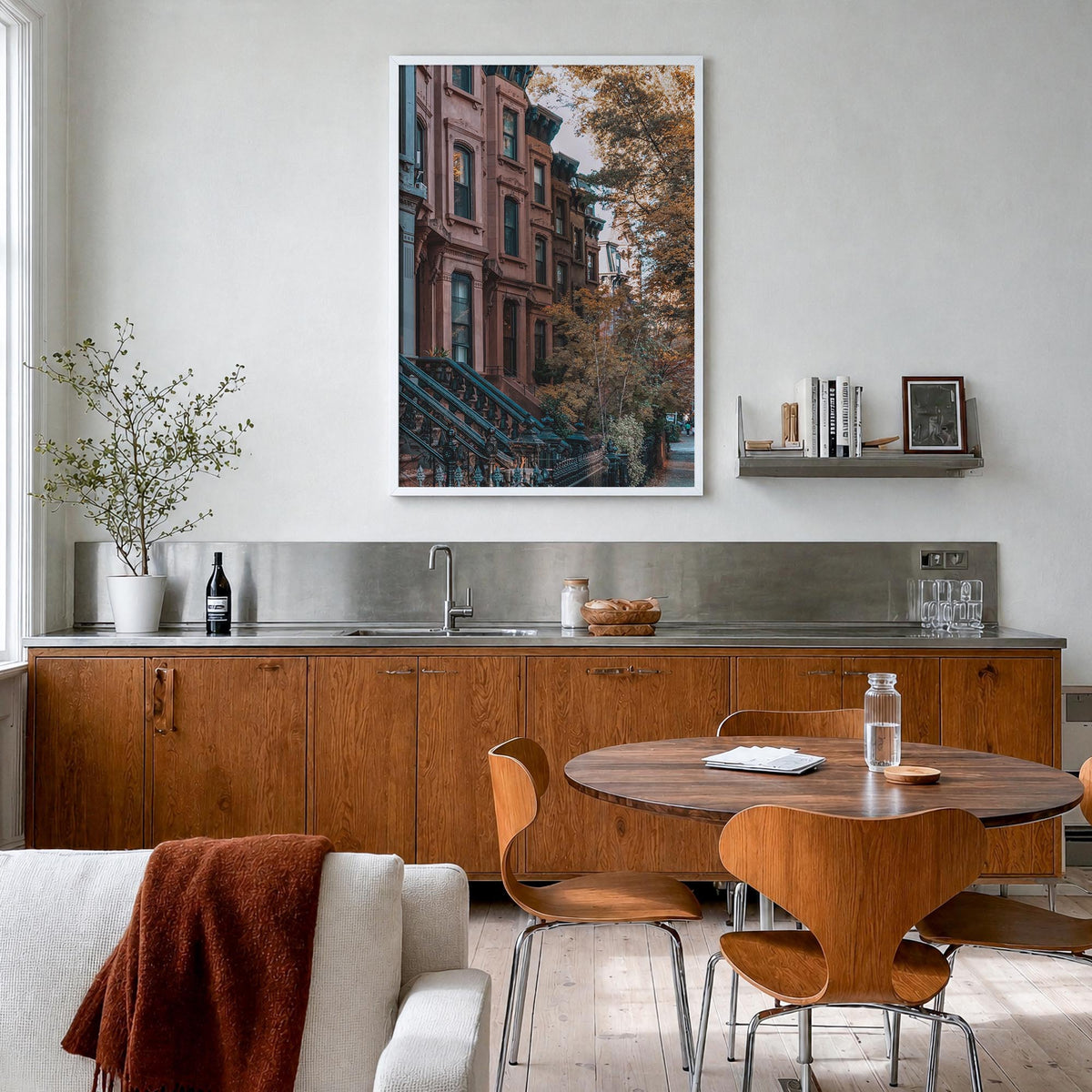 Park Slope colorful photo poster of Brooklyn, New York City – vertical wall art in white wood frame, hanging on wall