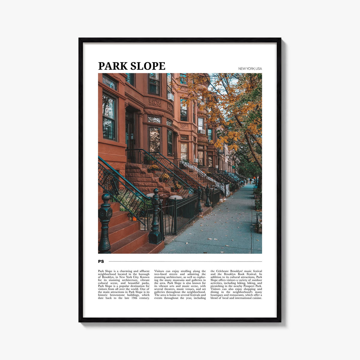 Park Slope colorful travel poster of Brooklyn, New York City – vertical wall art, unframed print shown in interior mockup