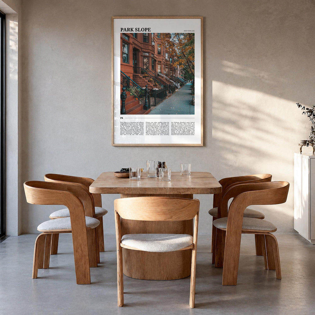 Park Slope colorful travel poster of Brooklyn, New York City – vertical wall art in natural wood frame, hanging on wall