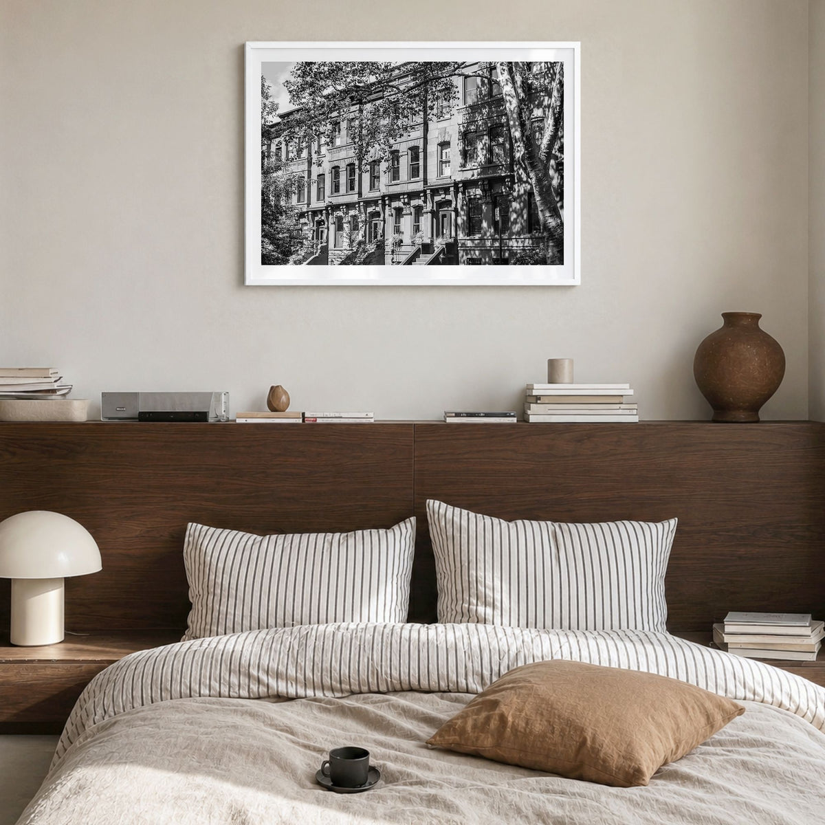 Park Slope Photo Poster in a white wood frame, hanging in a bedroom, white border