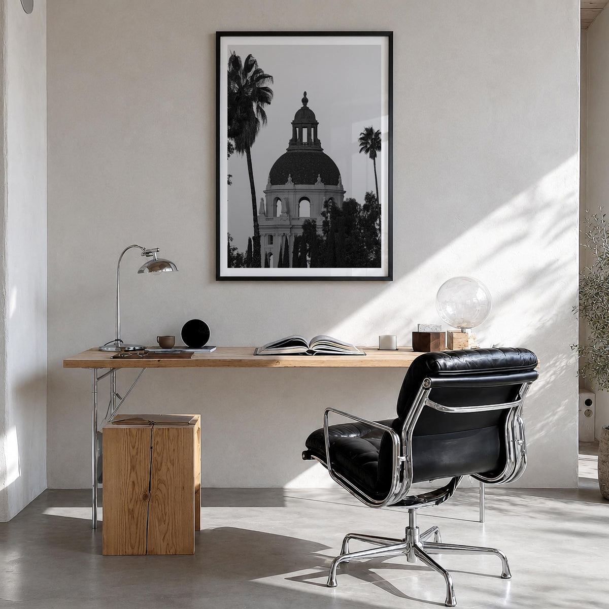 Pasadena black & white photo poster of California, USA – vertical wall art in black wood frame with white border, hanging on