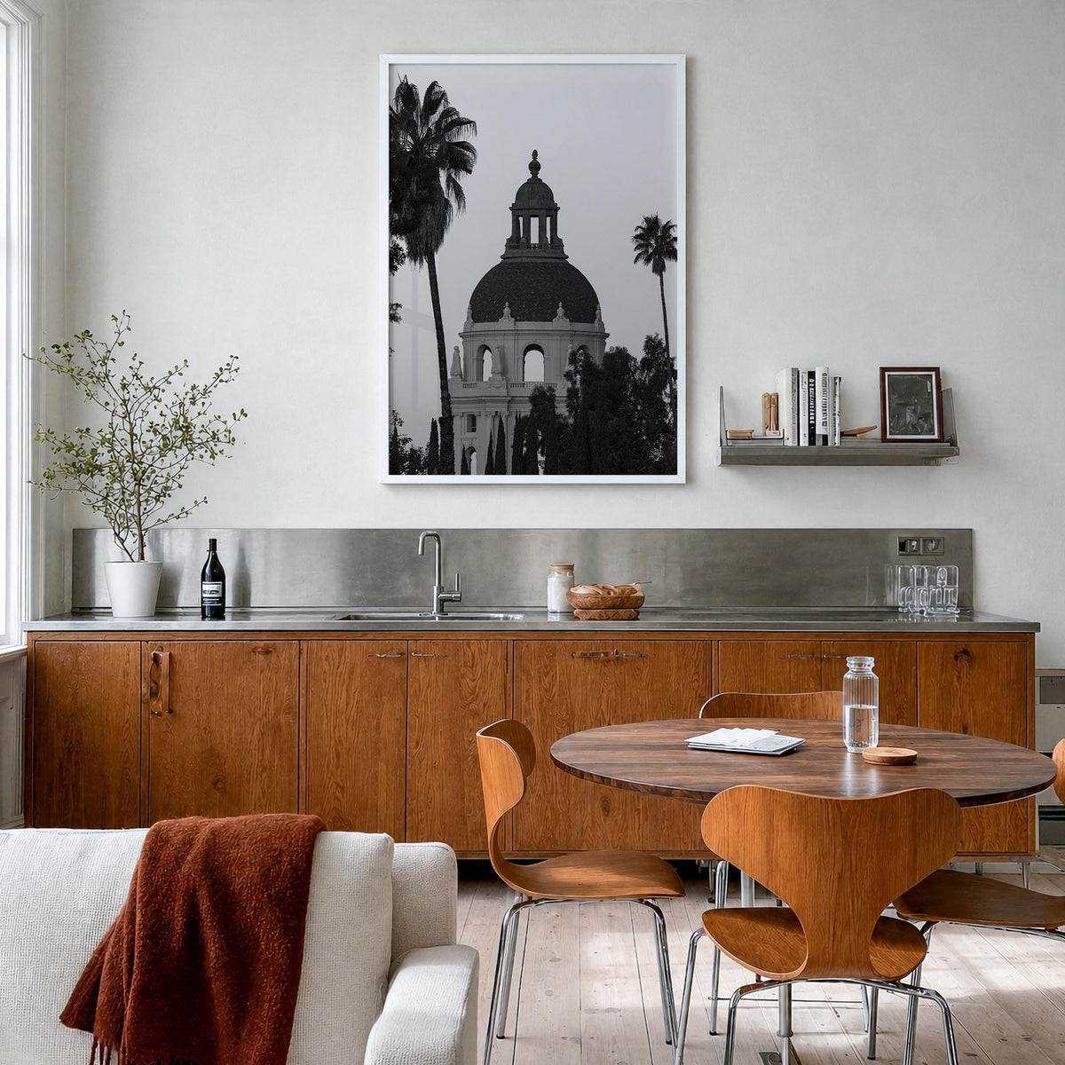 Pasadena black & white photo poster of California, USA – vertical wall art in white wood frame, hanging on wall