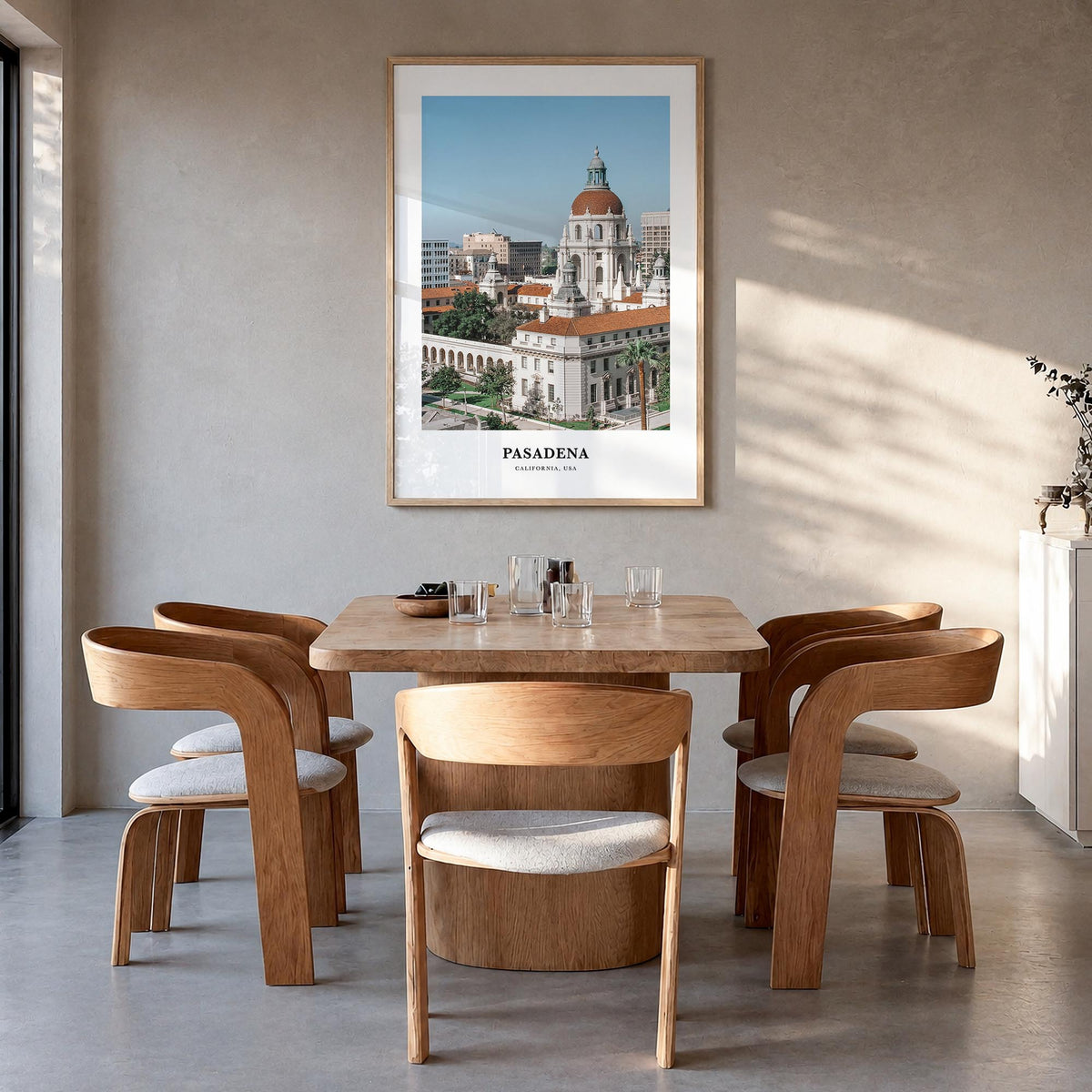 Pasadena colorful classic poster of California, USA – vertical wall art in natural wood frame, hanging on wall