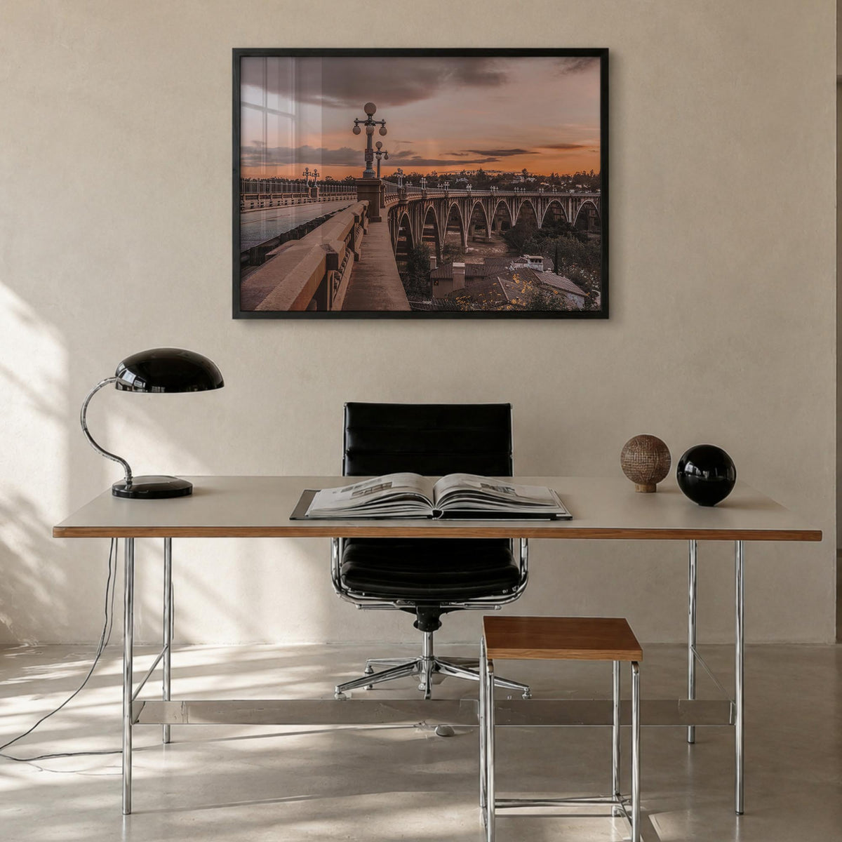 Pasadena colorful photo poster of California, USA – horizontal wall art in black wood frame, hanging on wall