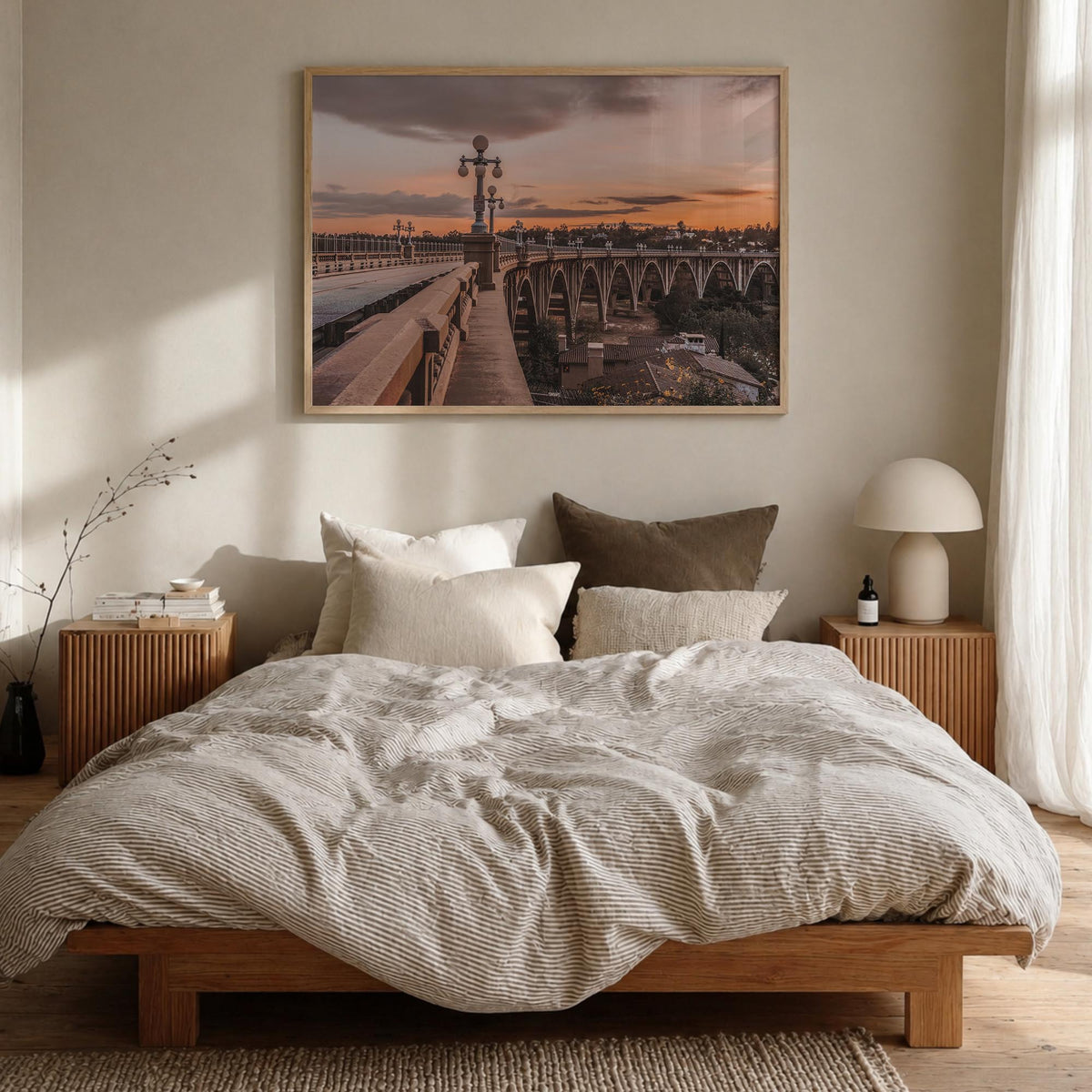 Pasadena colorful photo poster of California, USA – horizontal wall art in natural wood frame, hanging on wall