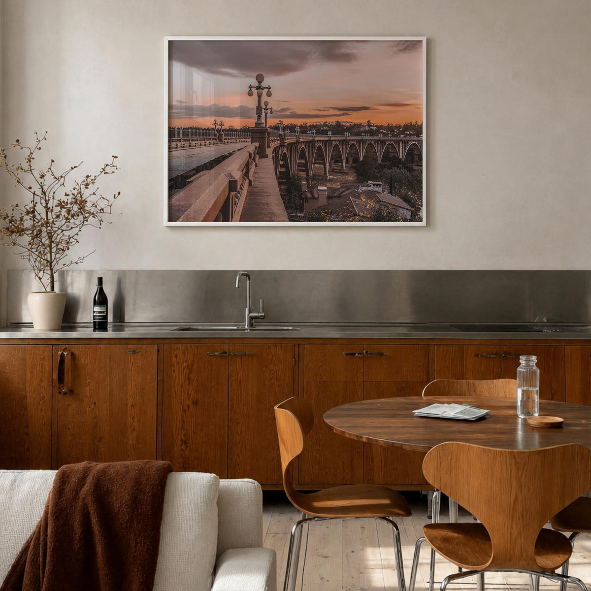 Pasadena colorful photo poster of California, USA – horizontal wall art in white wood frame, hanging on wall