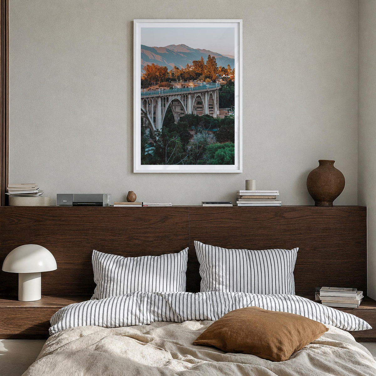 Pasadena no. 2 colorful photo poster of California, USA – vertical wall art in white wood frame with white border, hanging on
