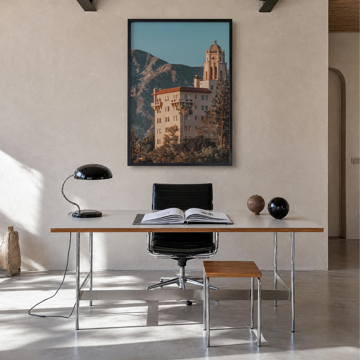 Pasadena no. 3 colorful photo poster of California, USA – vertical wall art in black wood frame, hanging on wall