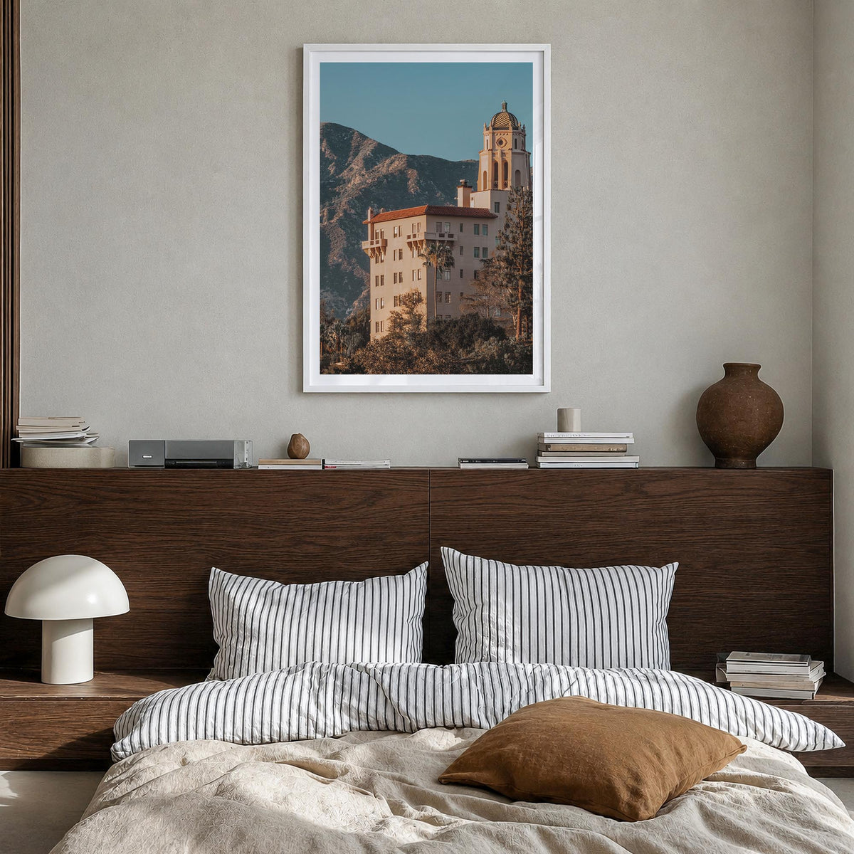 Pasadena no. 3 colorful photo poster of California, USA – vertical wall art in white wood frame with white border, hanging on