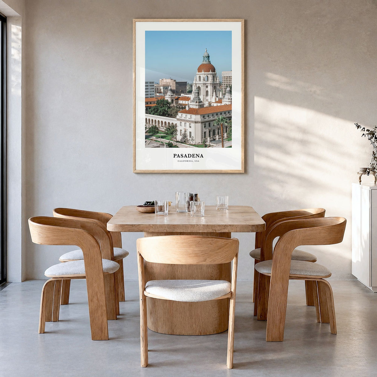 Pasadena Classic Poster in a natural wood frame, hanging in a dining room