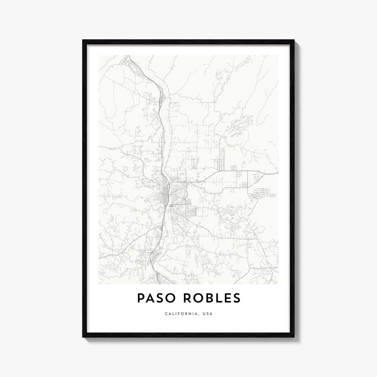 Paso Robles black & white map poster of California, USA – vertical wall art, unframed print shown in interior mockup