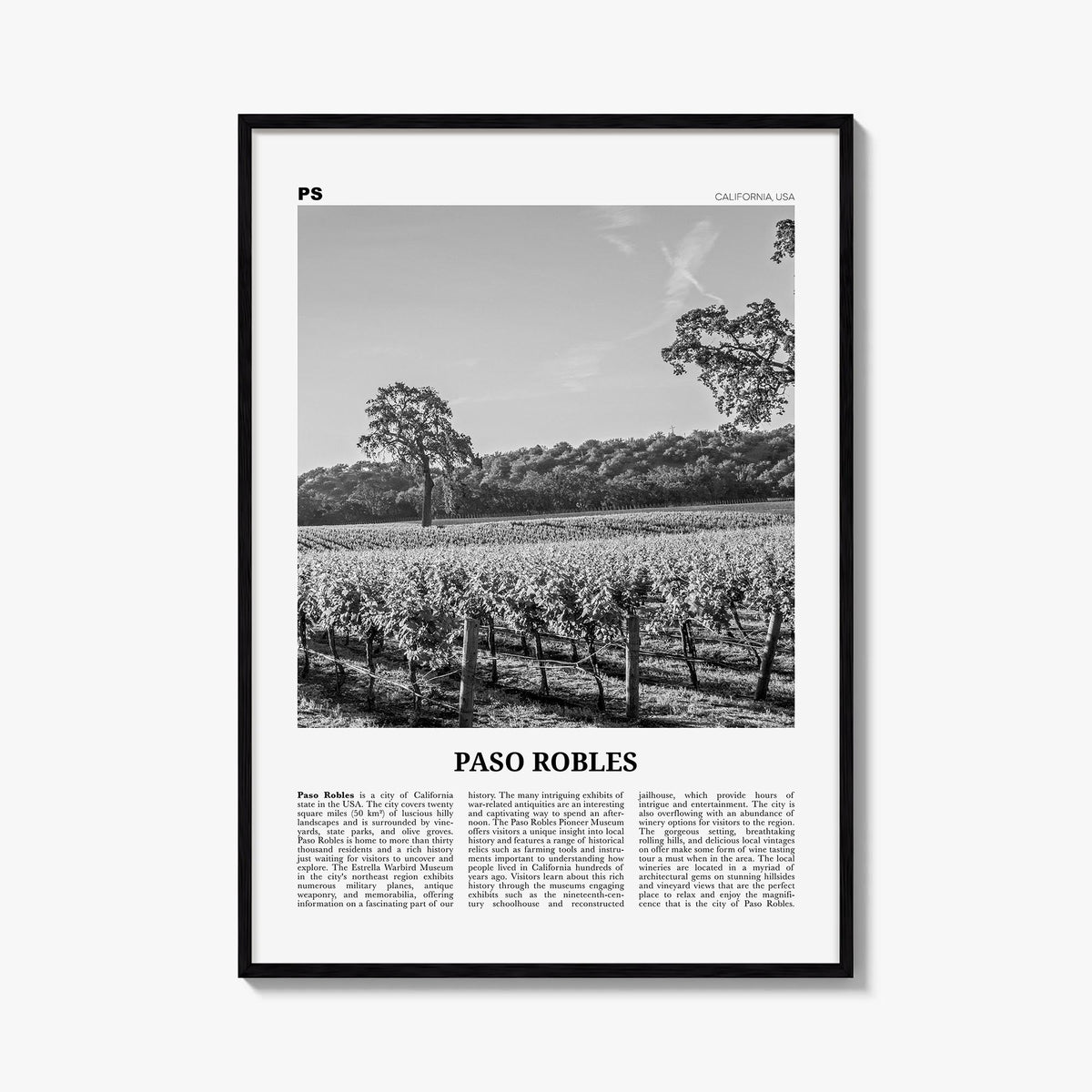 Paso Robles black & white newspaper poster of California, USA – vertical wall art, unframed print shown in interior mockup