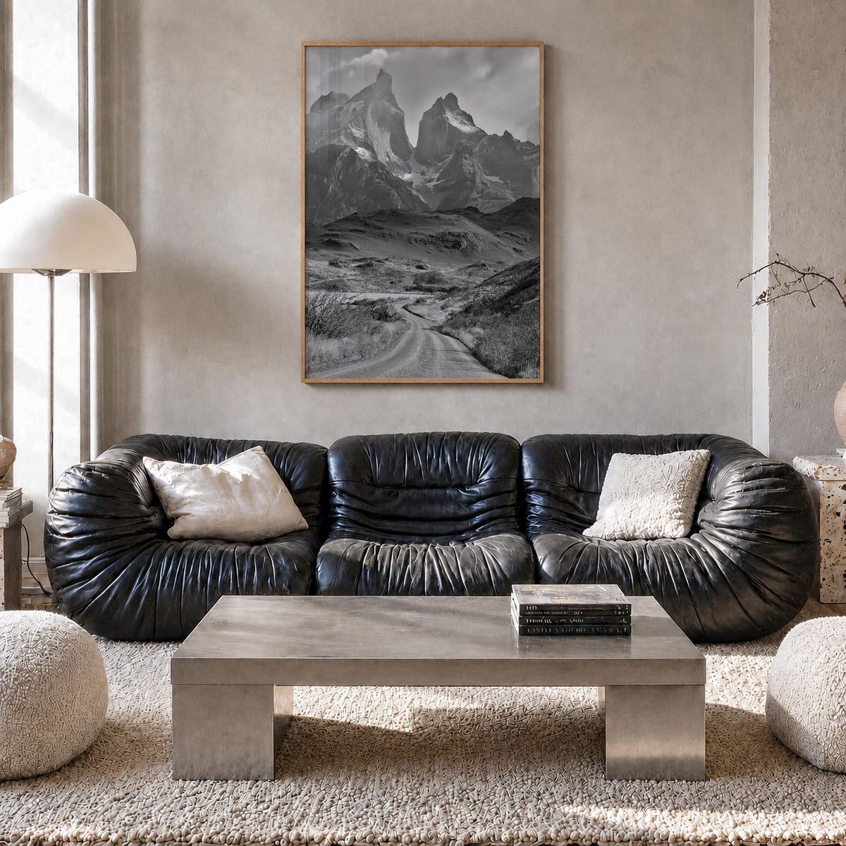 Patagonia black & white photo poster of Argentina & Chile – vertical wall art in natural wood frame, hanging on wall