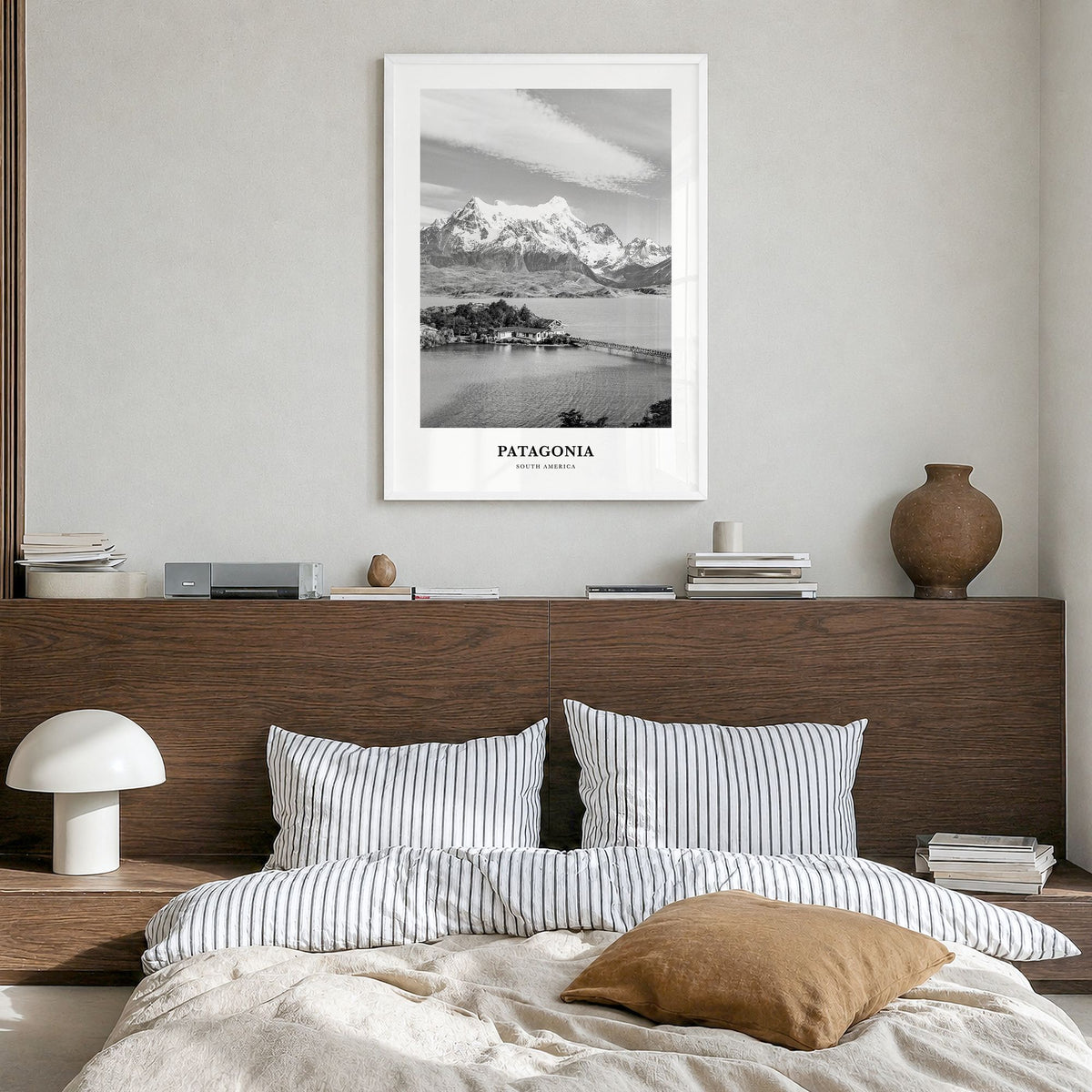 Patagonia Classic Poster in a white wood frame, hanging in a bedroom