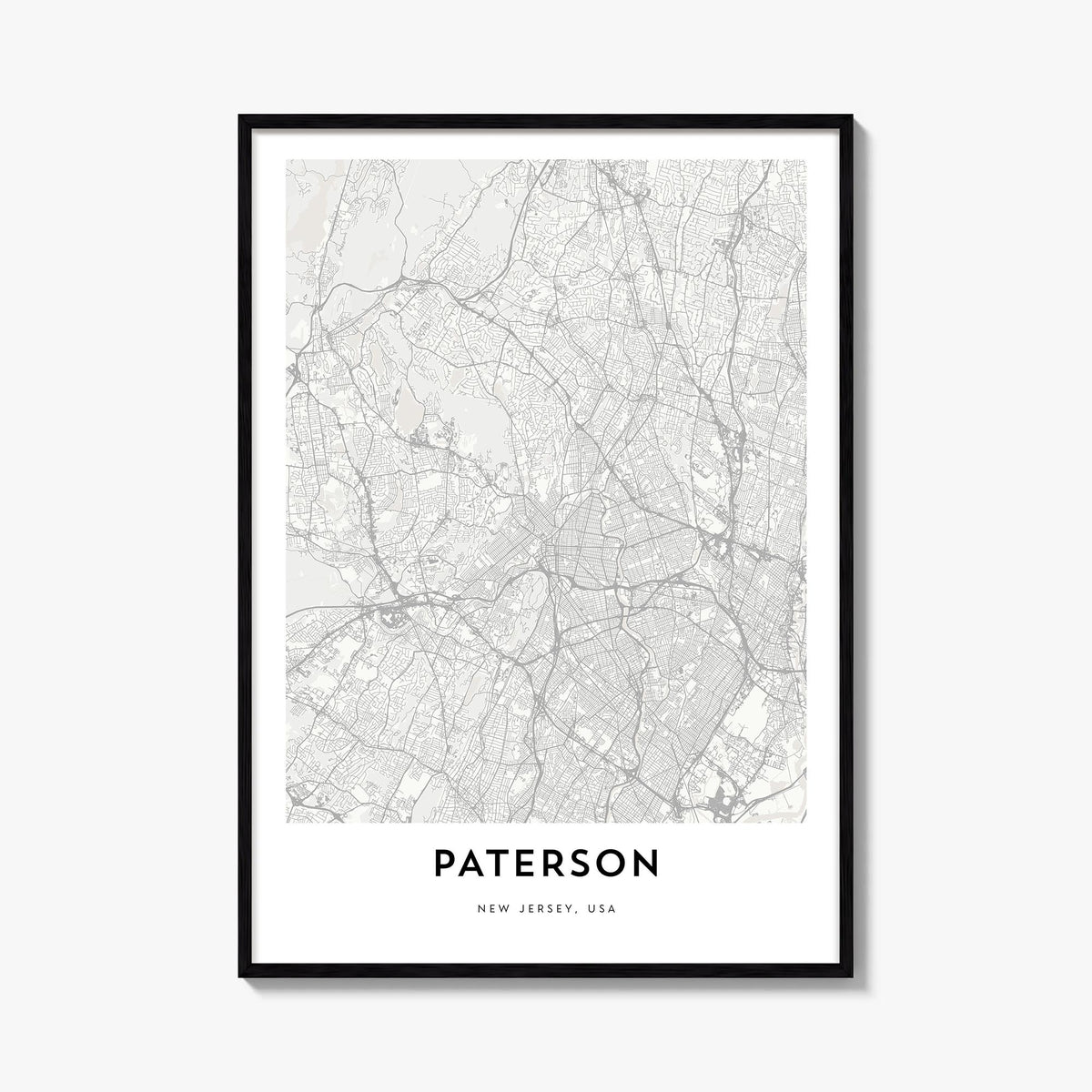 Paterson black & white map poster of New Jersey, USA – vertical wall art, unframed print shown in interior mockup
