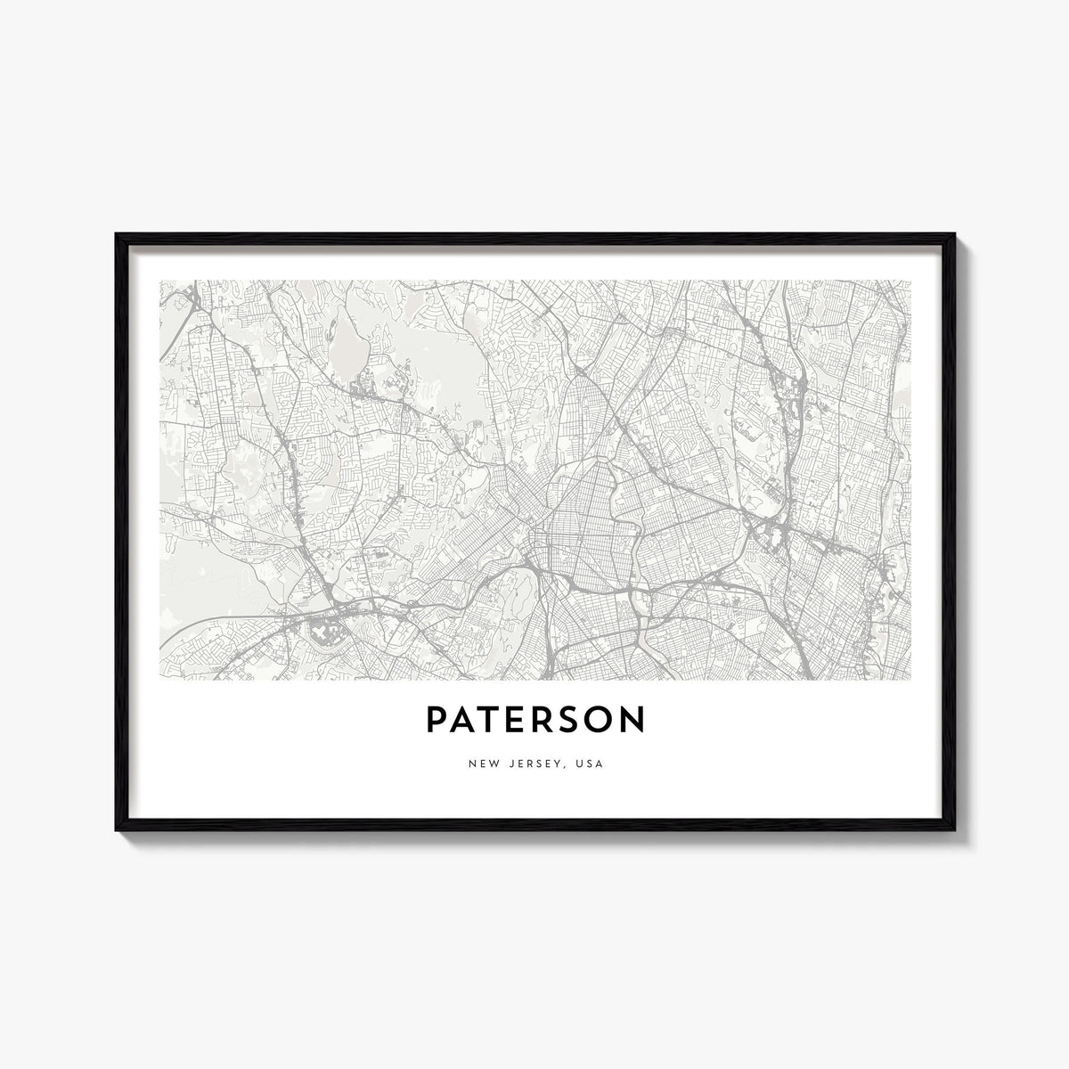 Paterson black & white map poster of New Jersey, USA – horizontal wall art, unframed print shown in interior mockup