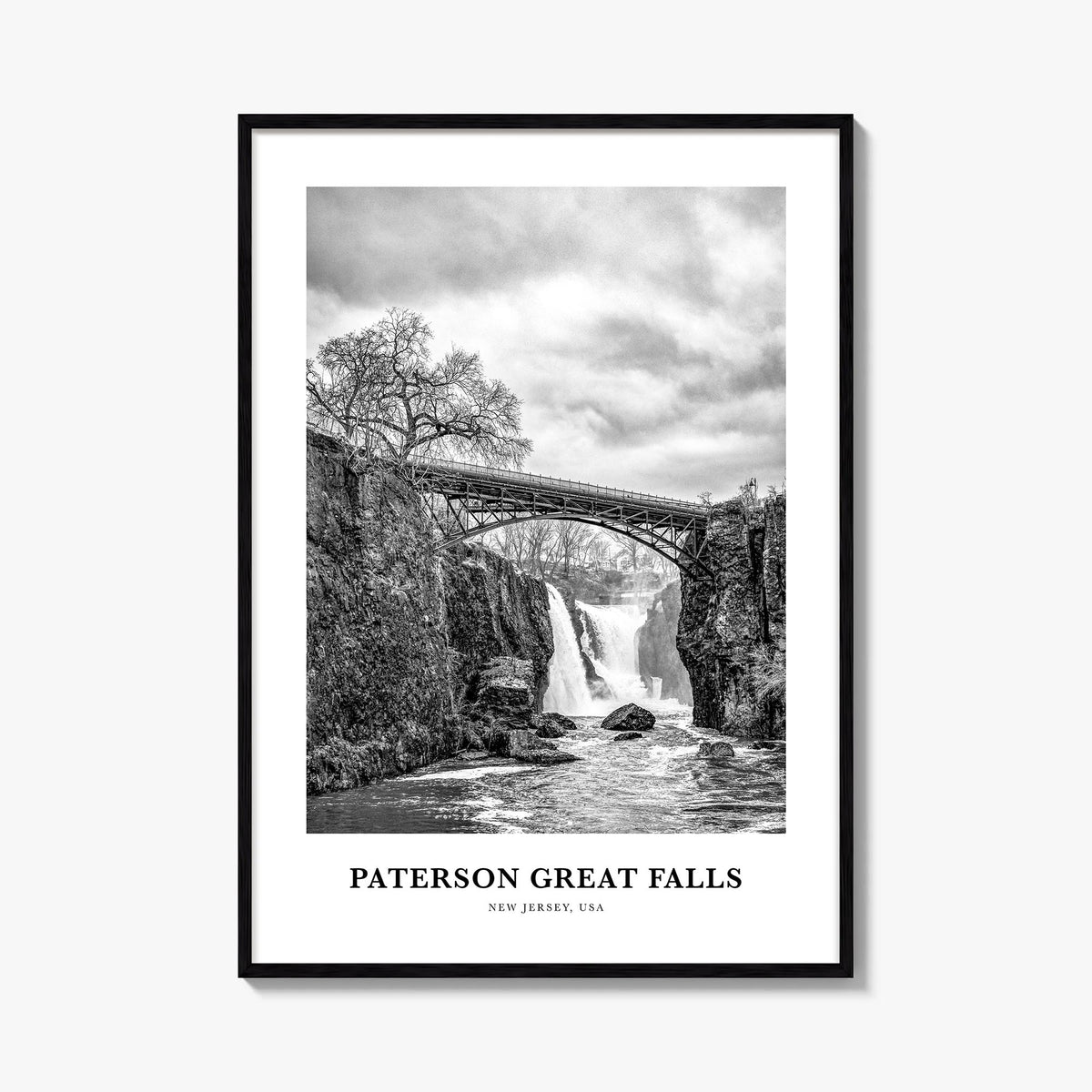 Paterson Great Falls black & white classic poster of New Jersey, USA – vertical wall art, unframed print shown in interior mo