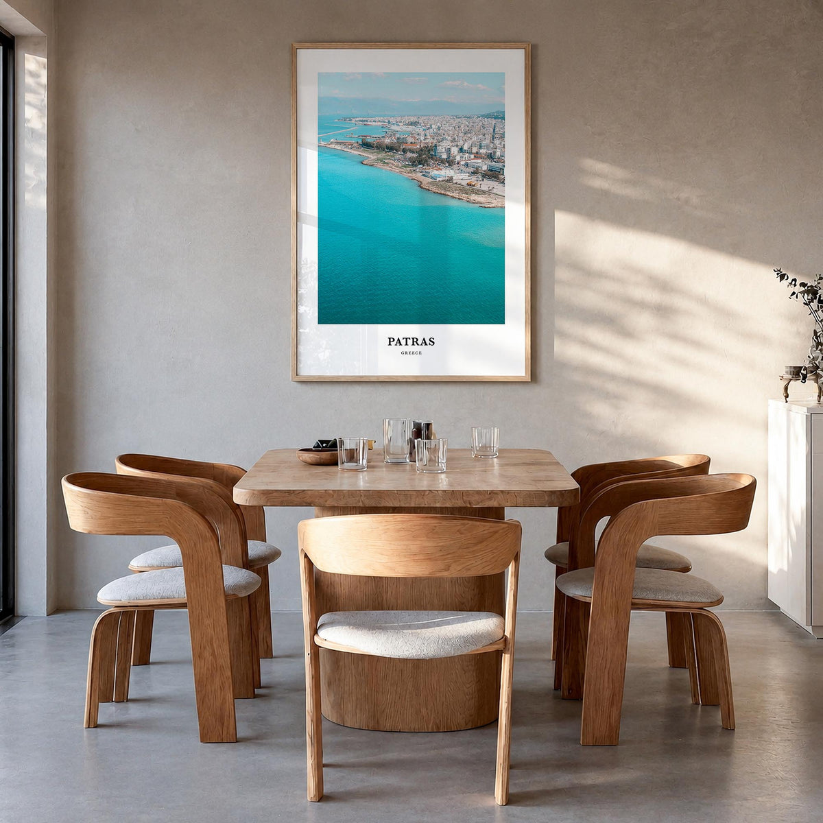 Patras colorful classic poster of Greece – vertical wall art in natural wood frame, hanging on wall