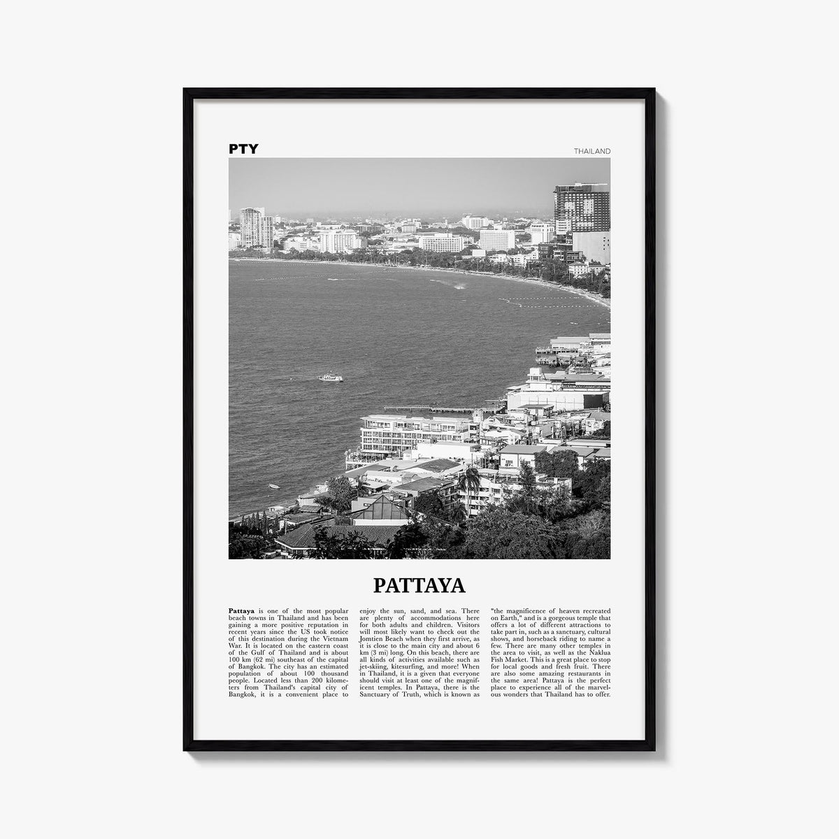 Pattaya black & white newspaper poster of Thailand – vertical wall art, unframed print shown in interior mockup