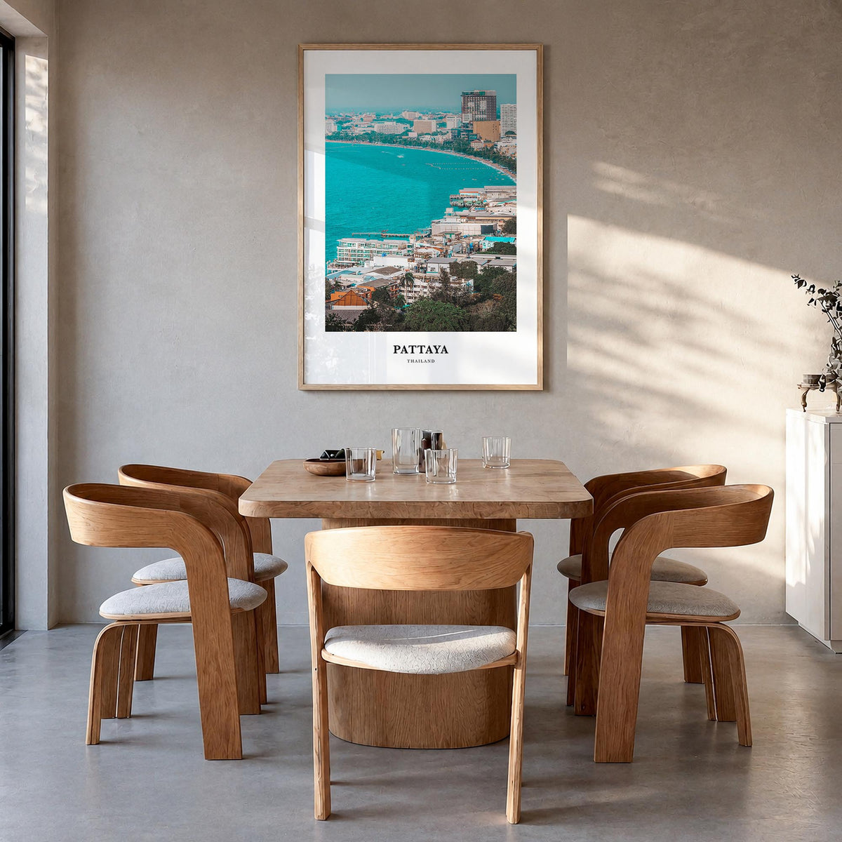 Pattaya colorful classic poster of Thailand – vertical wall art in natural wood frame, hanging on wall